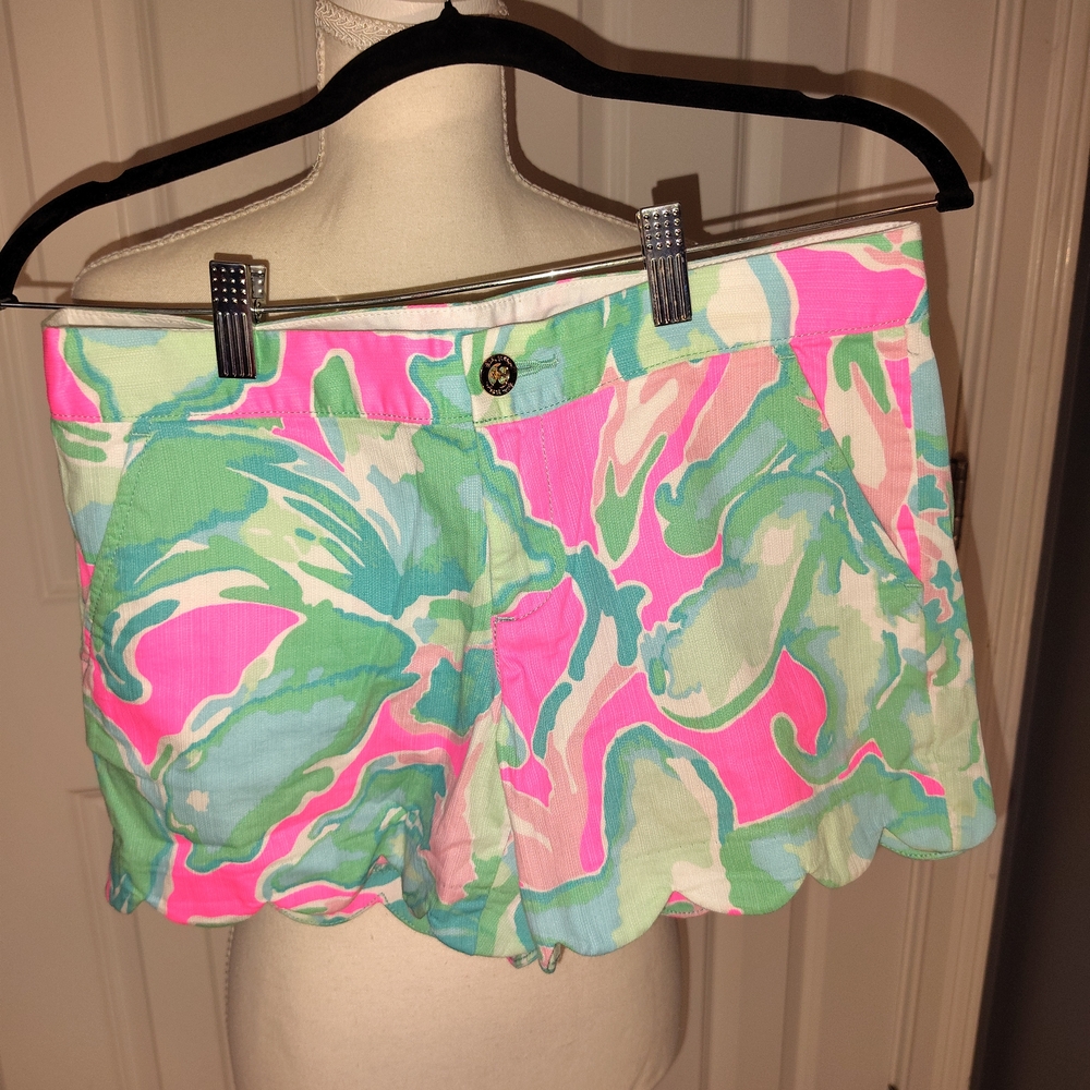 Lilly Pulitzer Pink & Aqua Scalloped-Hem High Waist Shorts Sz‎ 0 Buttercup